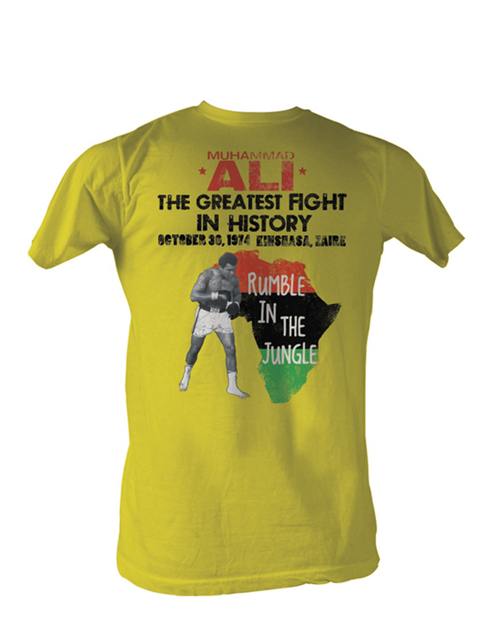 Muhammad Ali the greatest fight in history graphic on a yellow adult t-shirt.