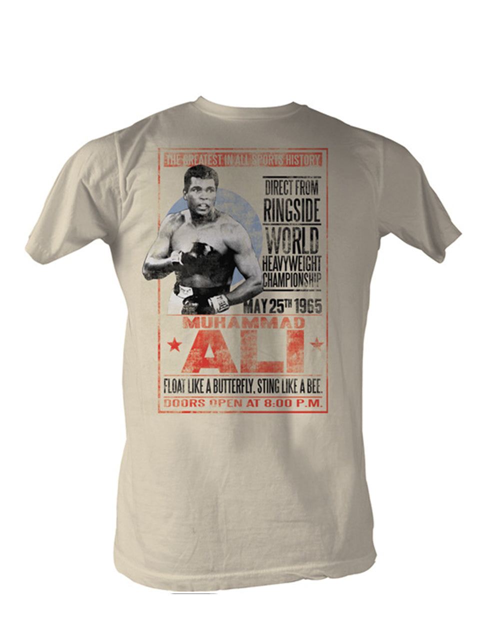 Muhammad Ali ring side graphic on a french vanilla adult t-shirt.