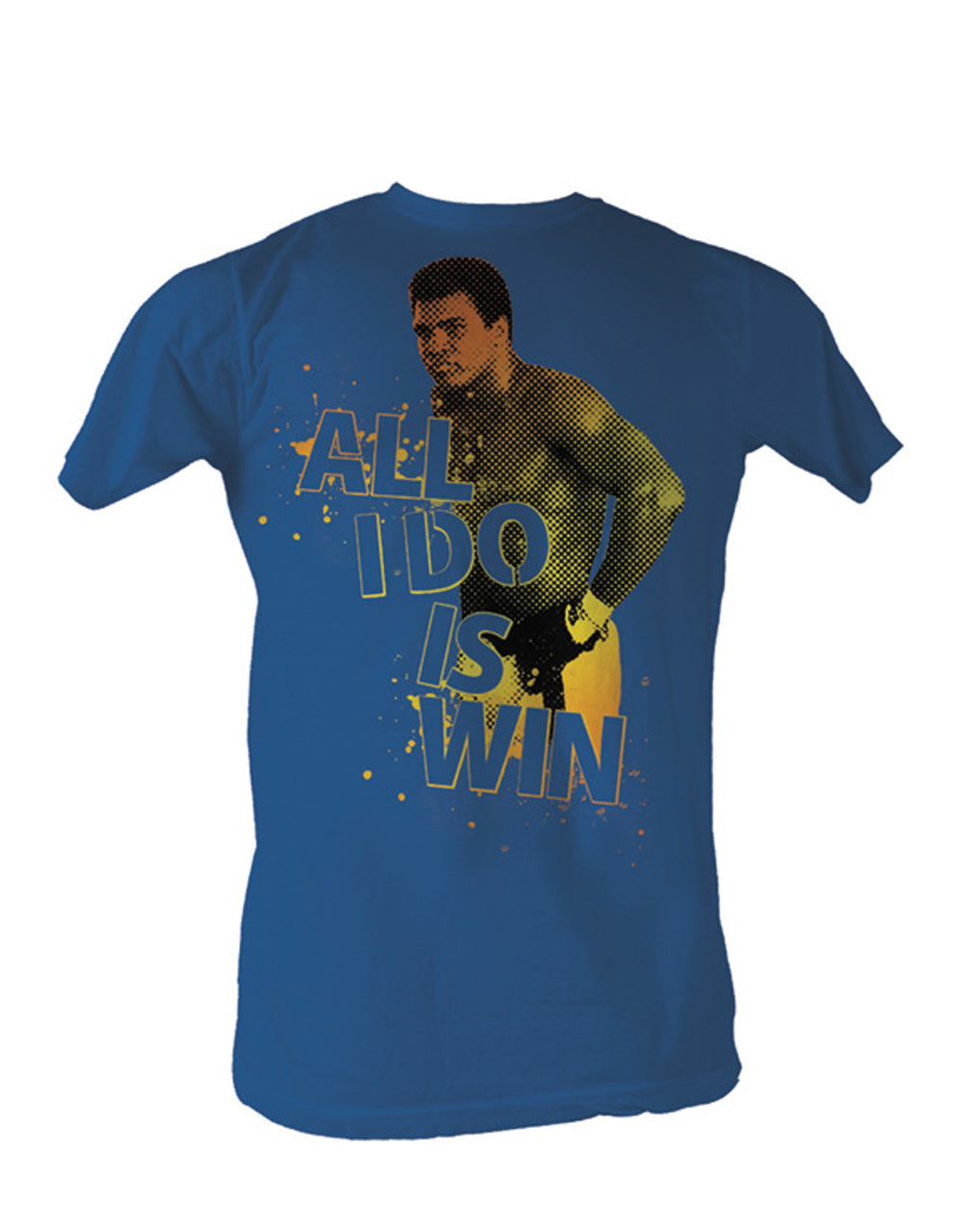 Muhammad Ali winner graphic on a heathered blue adult t-shirt.