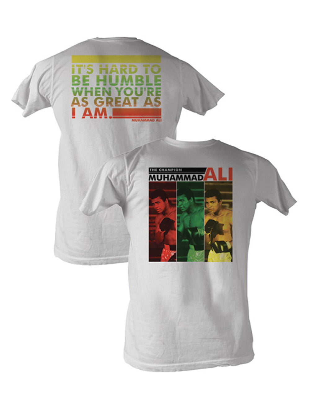 Muhammad Ali the champion graphic on a white adult t-shirt.