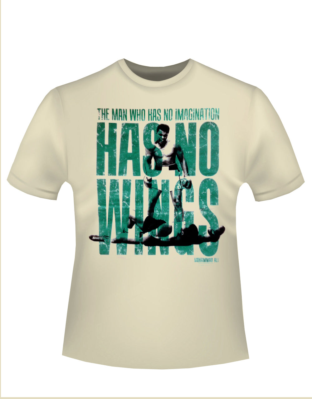 Muhammad Ali wings graphic on a natural french vanilla adult t-shirt.
