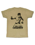 Muhammad Ali greatest brown graphic on a brown adult t-shirt.