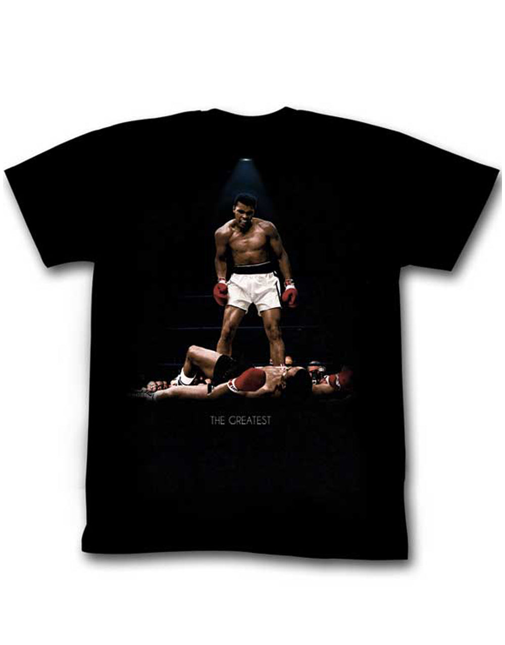 Muhammad Ali over again graphic on a black adult t-shirt.