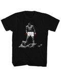 Muhammad Ali red gloves graphic on a black adult t-shirt.