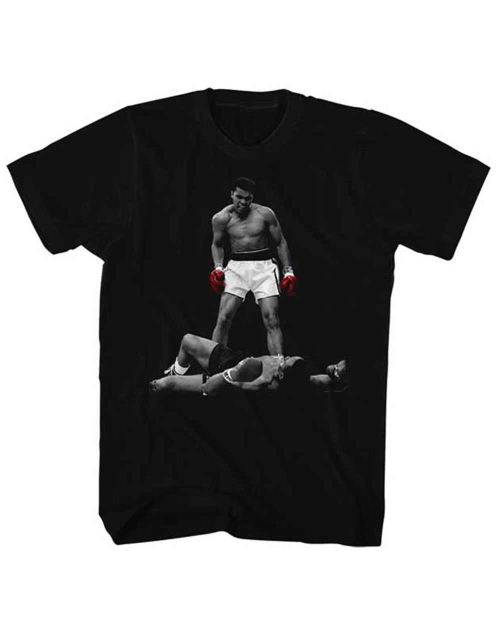 Muhammad Ali red gloves graphic on a black adult t-shirt.