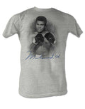 Muhammad Ali get ready graphic on a heathered grey adult t-shirt.