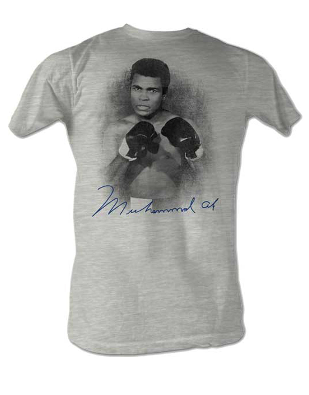 Muhammad Ali get ready graphic on a heathered grey adult t-shirt.