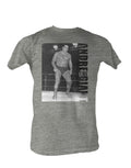 WWE Andre the Giant tower graphic on a grey adult t-shirt.