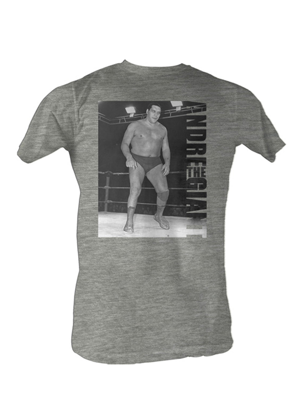 WWE Andre the Giant tower graphic on a grey adult t-shirt.