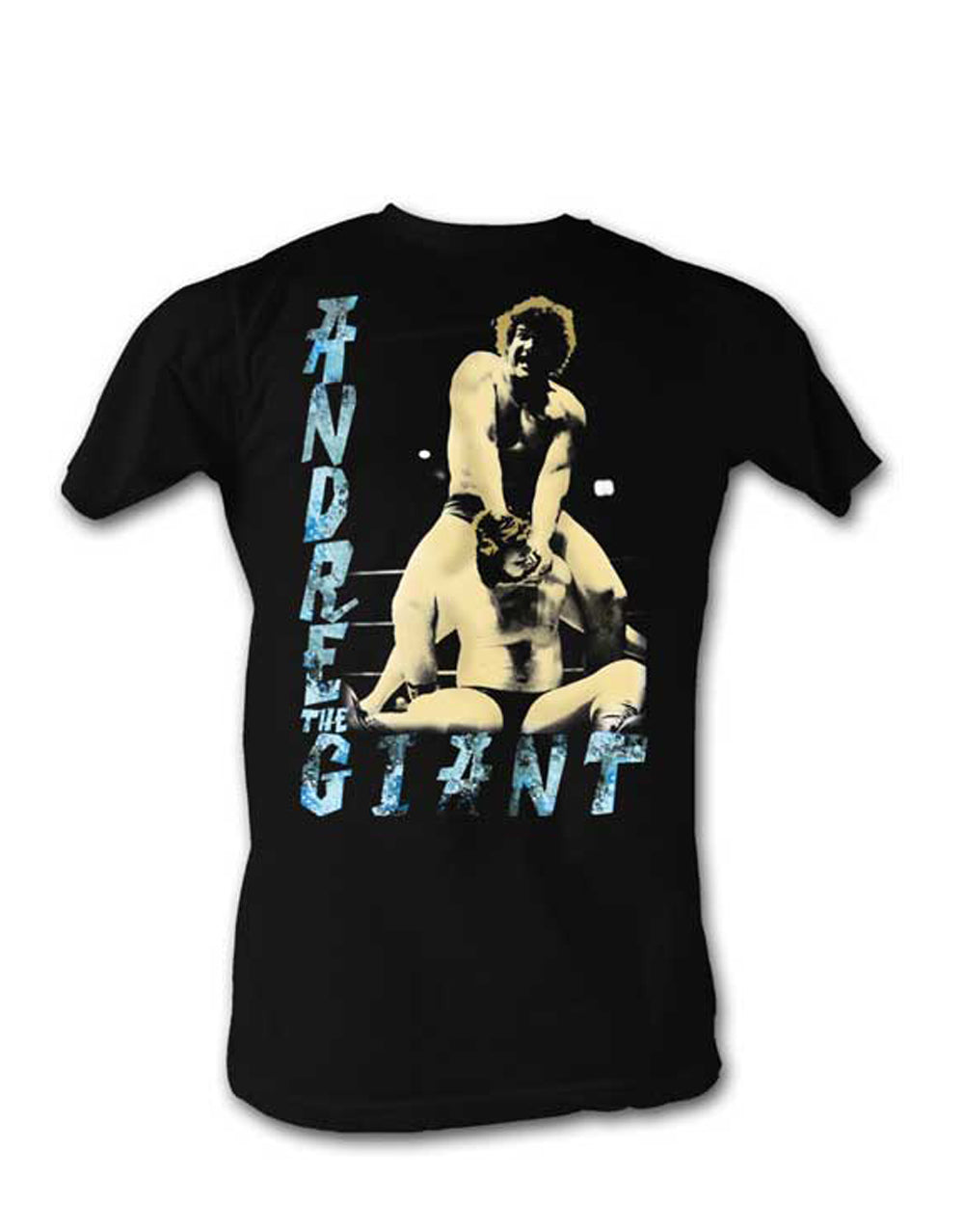 WWE Andre the Giant grip graphic on a black adult t-shirt.