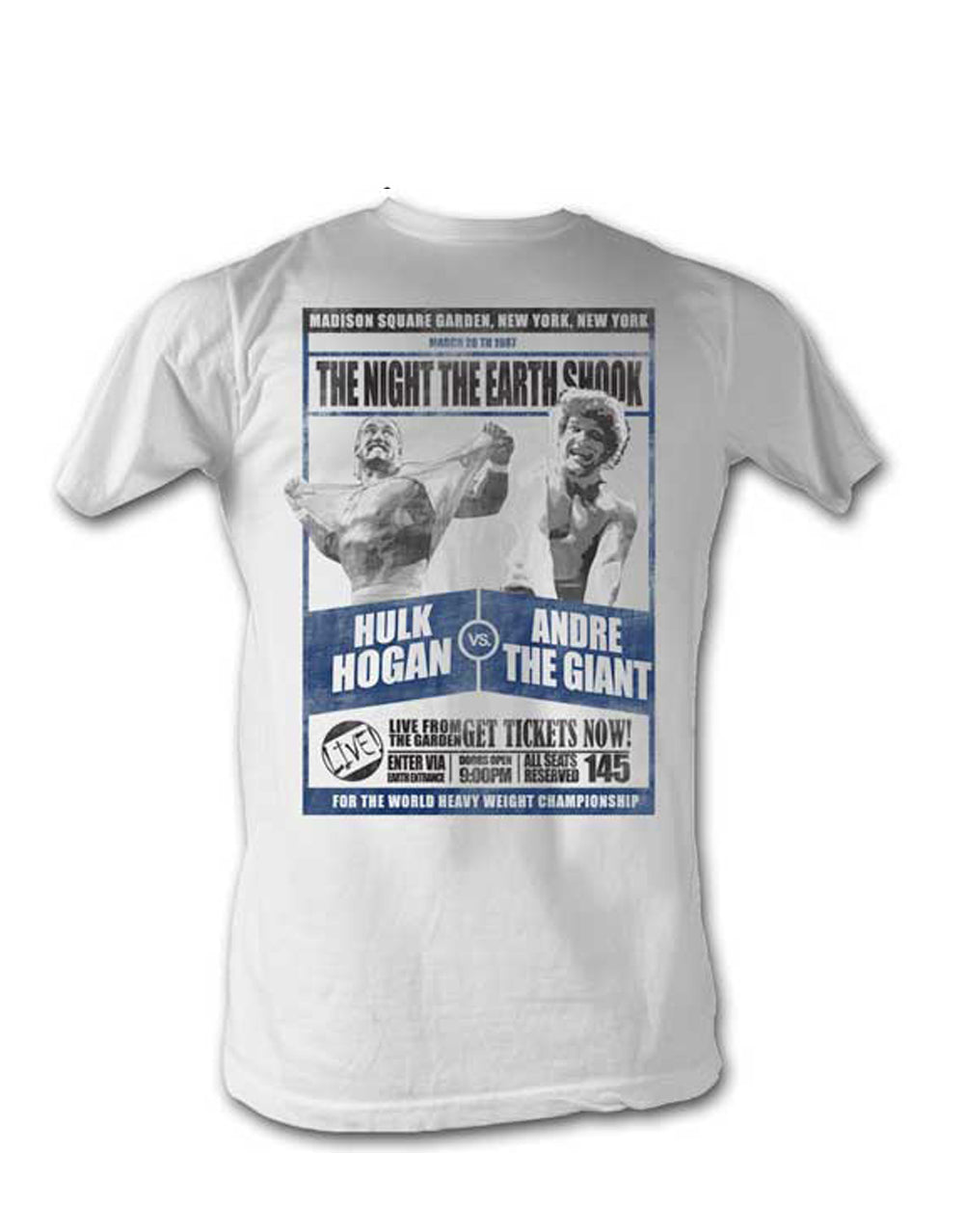 WWE Hulk v The Giant graphic on a white adult t-shirt.