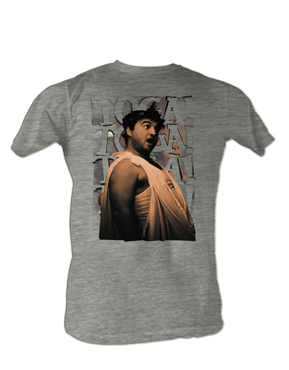 Animal House toga chant typography on a heathered light grey adult tee.