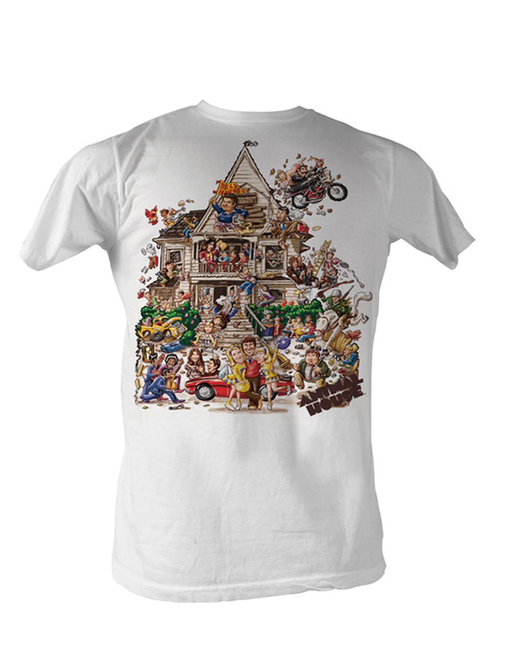 Animal House full house cast illustration on a white adult tee.