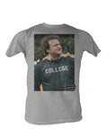 Animal House college photo graphic on a heathered light grey adult t-shirt.