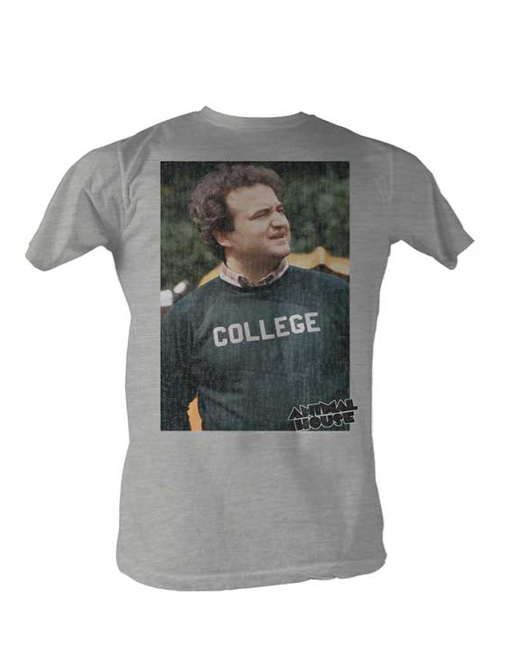 Animal House college photo graphic on a heathered light grey adult t-shirt.