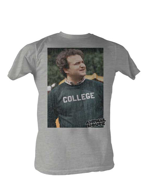 Animal House college photo graphic on a heathered light grey adult t-shirt.