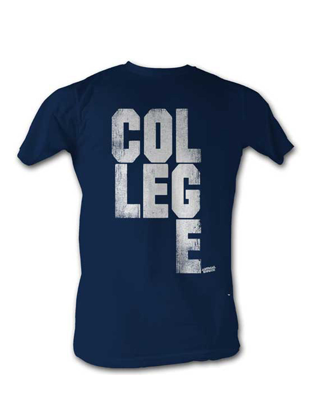Animal House college scrabble design on a navy blue adult t-shirt.