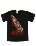 American Psycho bloody knife graphic on a black adult t-shirt.