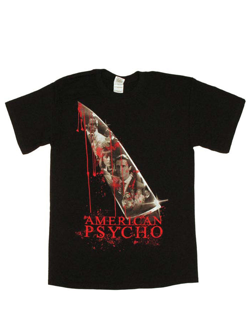 American Psycho bloody knife graphic on a black adult t-shirt.
