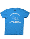 Airplane movie "Don't call me Shirley" quote graphic on a blue adult t-shirt.