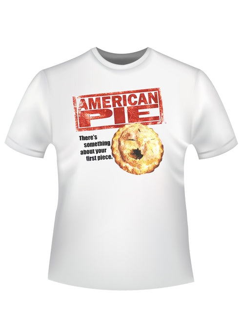 American Pie first piece graphic on a white adult t-shirt.