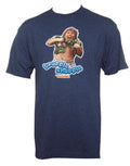 The Goonies truffle shuffle puffy graphic on a heathered blue adult t-shirt.