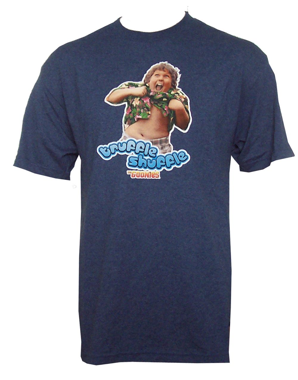 The Goonies truffle shuffle puffy graphic on a heathered blue adult t-shirt.
