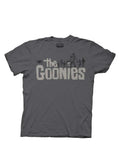 The Goonies movie logo graphic on a grey adult t-shirt.