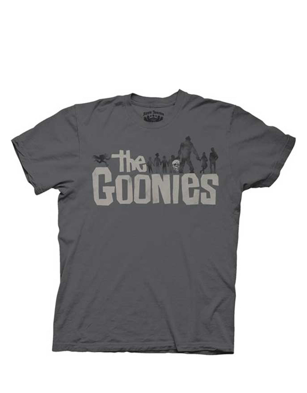 The Goonies movie logo graphic on a grey adult t-shirt.