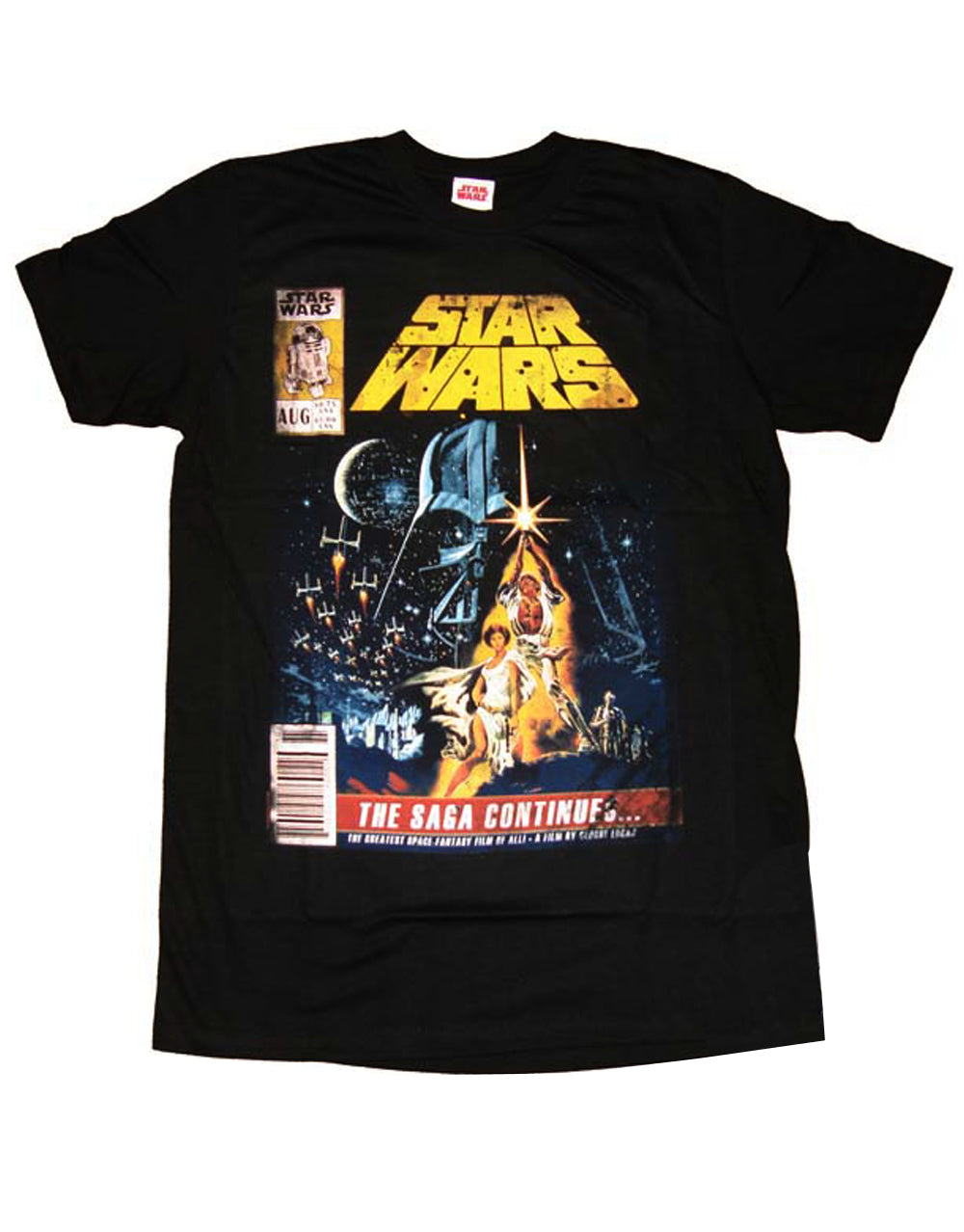 Star Wars saga continues graphic on a black adult t-shirt.
