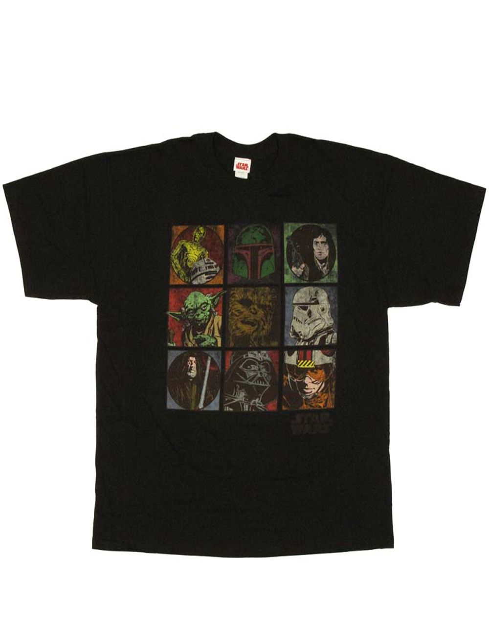 Star Wars character boxes graphic on a black adult t-shirt.