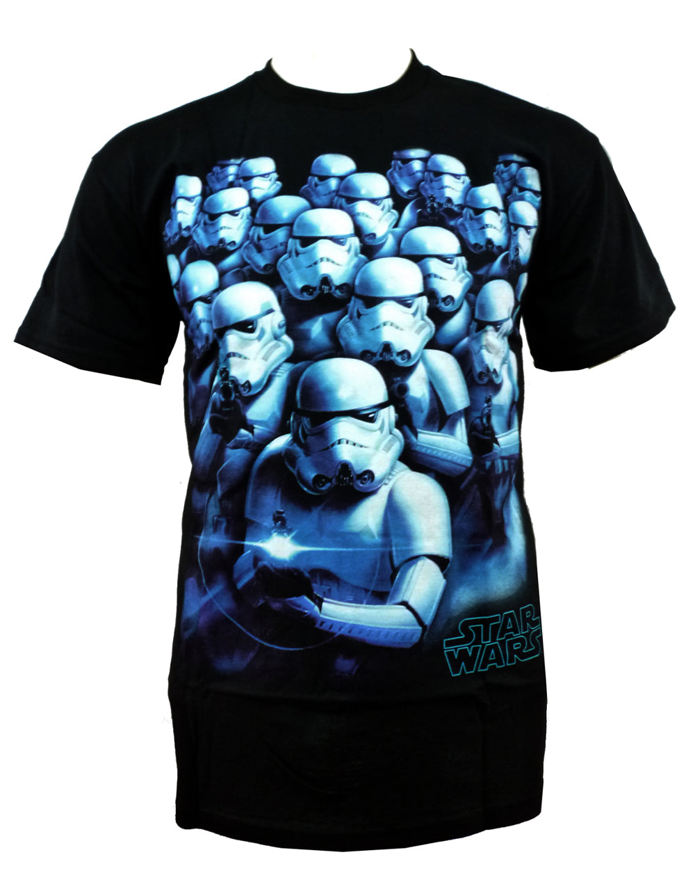 Stormtrooper cool blue graphic on a black adult t-shirt.