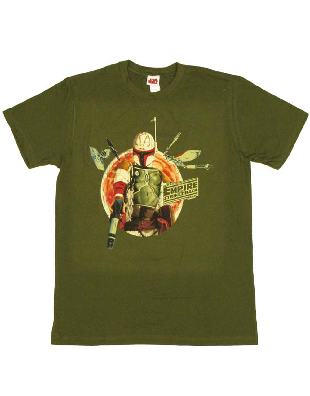 Boba Fett planet rock graphic on a green adult t-shirt.
