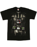 Darth Vader costume graphic on a black adult t-shirt.