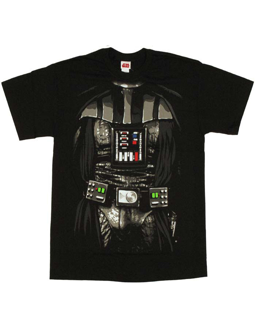 Darth Vader costume graphic on a black adult t-shirt.
