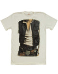 Call me Han Solo costume graphic on a white adult t-shirt.
