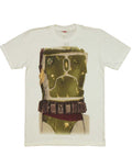 Boba Fett costume graphic on a white adult t-shirt.