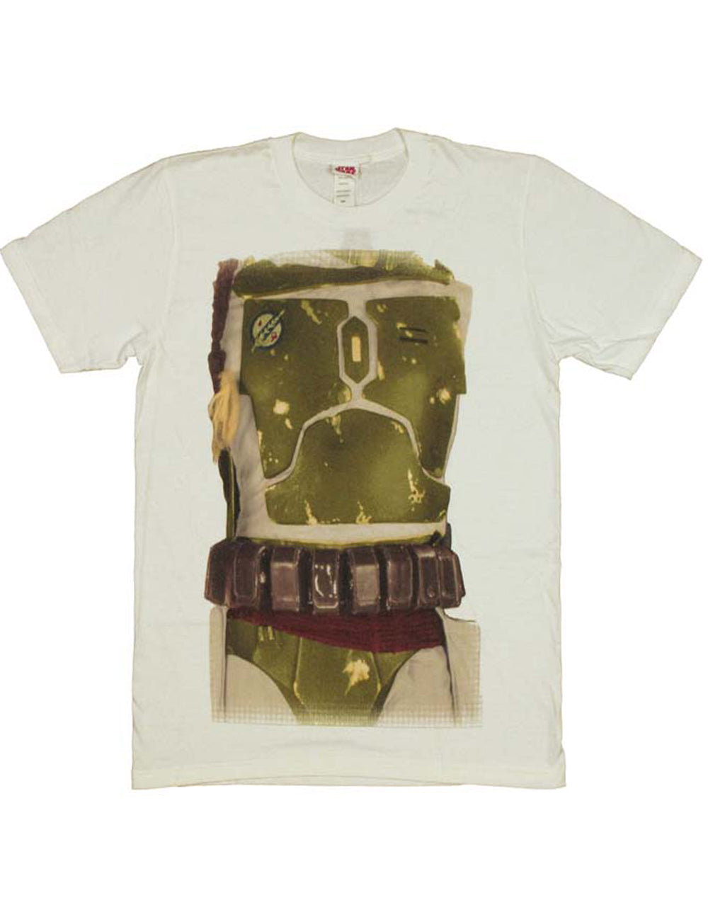 Boba Fett costume graphic on a white adult t-shirt.