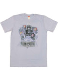 Empire strikes back graphic on a light blue adult t-shirt.