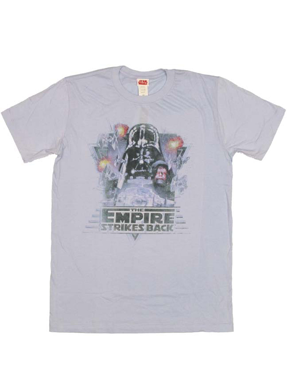 Empire strikes back graphic on a light blue adult t-shirt.