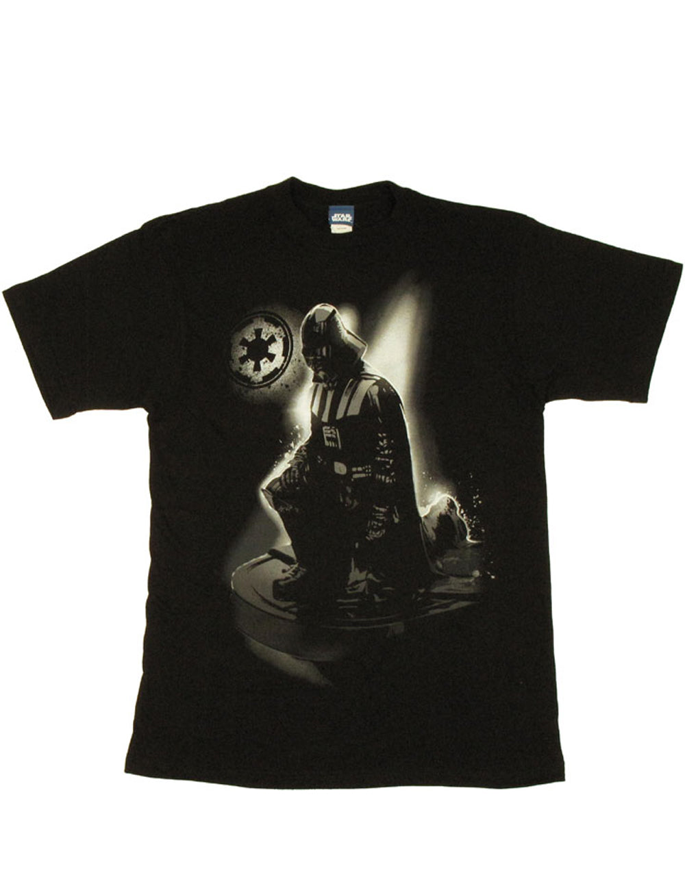 Darth Vader complete submission graphic on a black adult t-shirt.