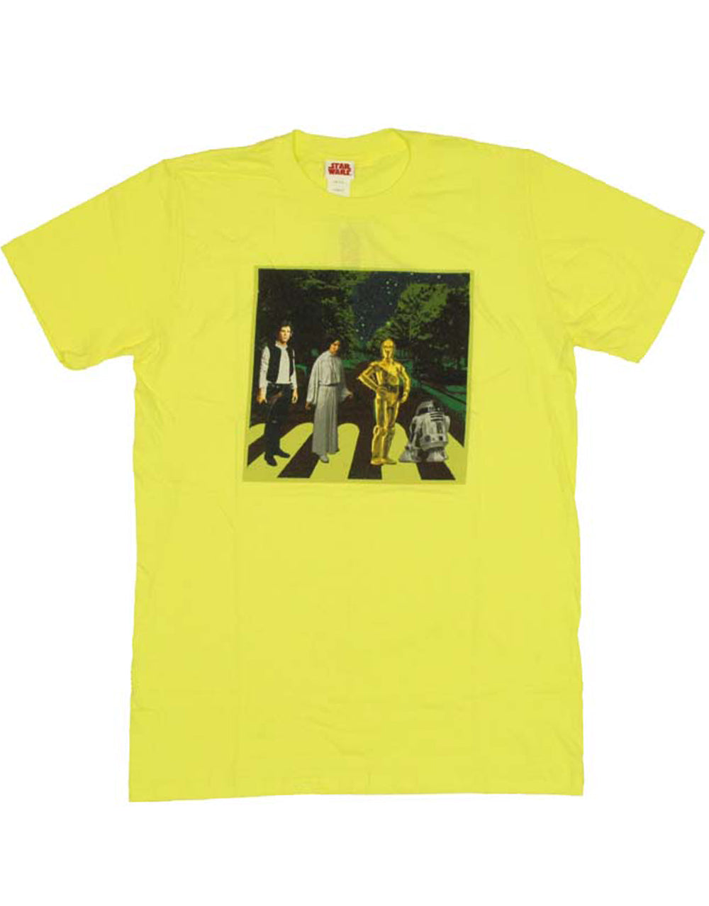 Star Wars abbey road graphic on a yellow adult t-shirt.