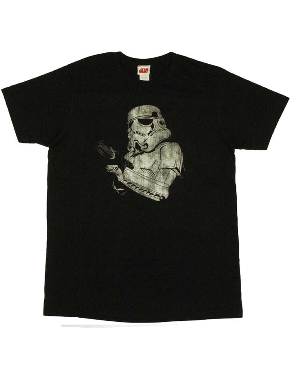 Stormtrooper blaster graphic on a black adult t-shirt.