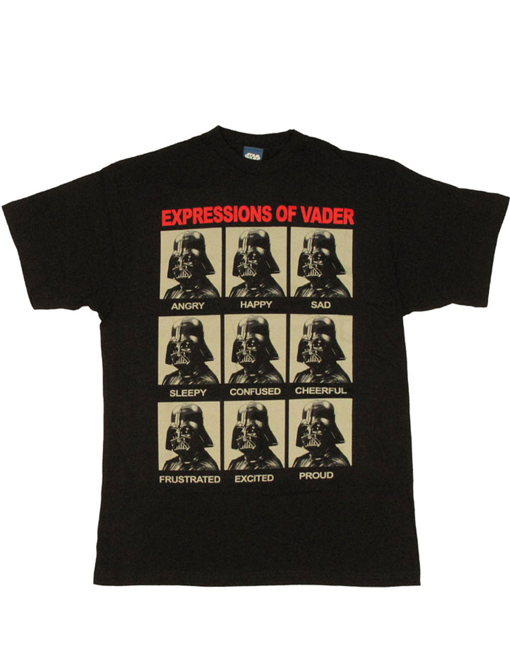 Darth Vader expressions graphic on a black adult t-shirt.