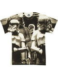 Stormtroopers on patrol graphic on a white adult t-shirt.