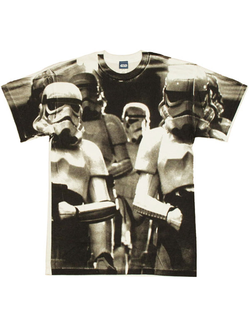 Stormtroopers on patrol graphic on a white adult t-shirt.