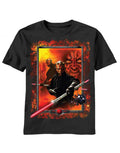 Darth Maul frame graphic on a black adult t-shirt.