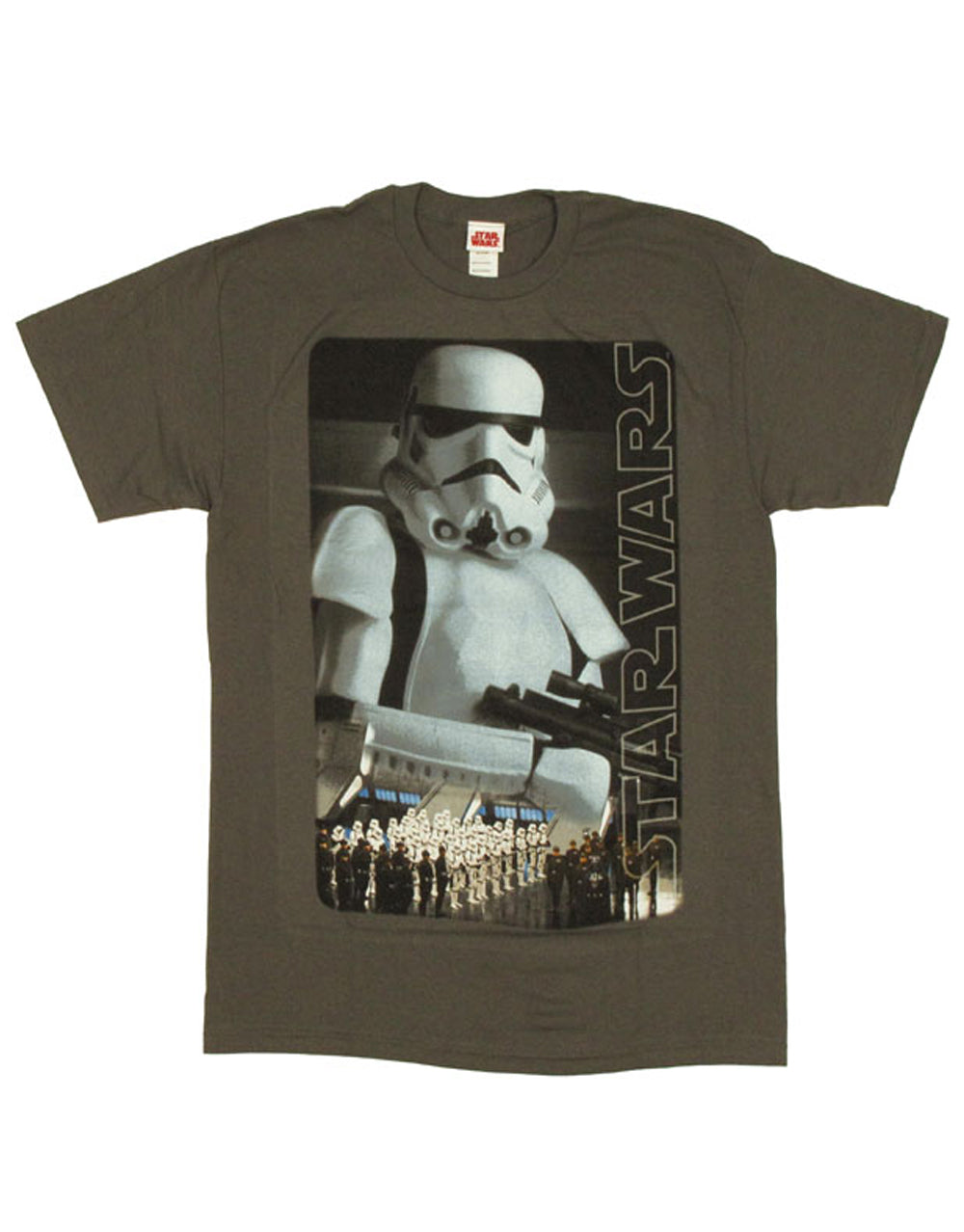 Stormtrooper parade graphic on a grey adult t-shirt.