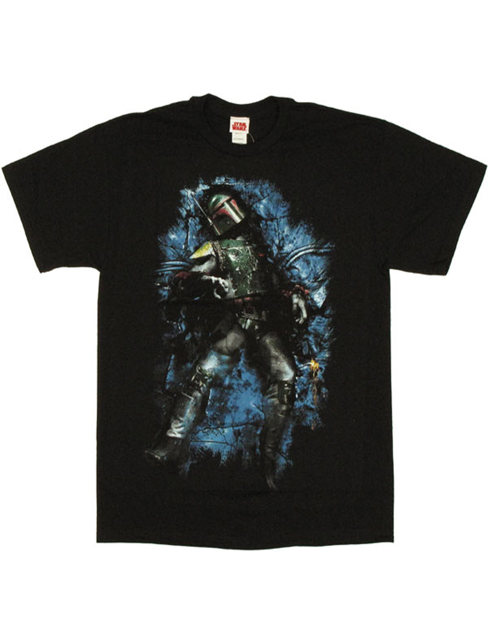Boba Fett smashed Mandalorian graphic on a black adult t-shirt.