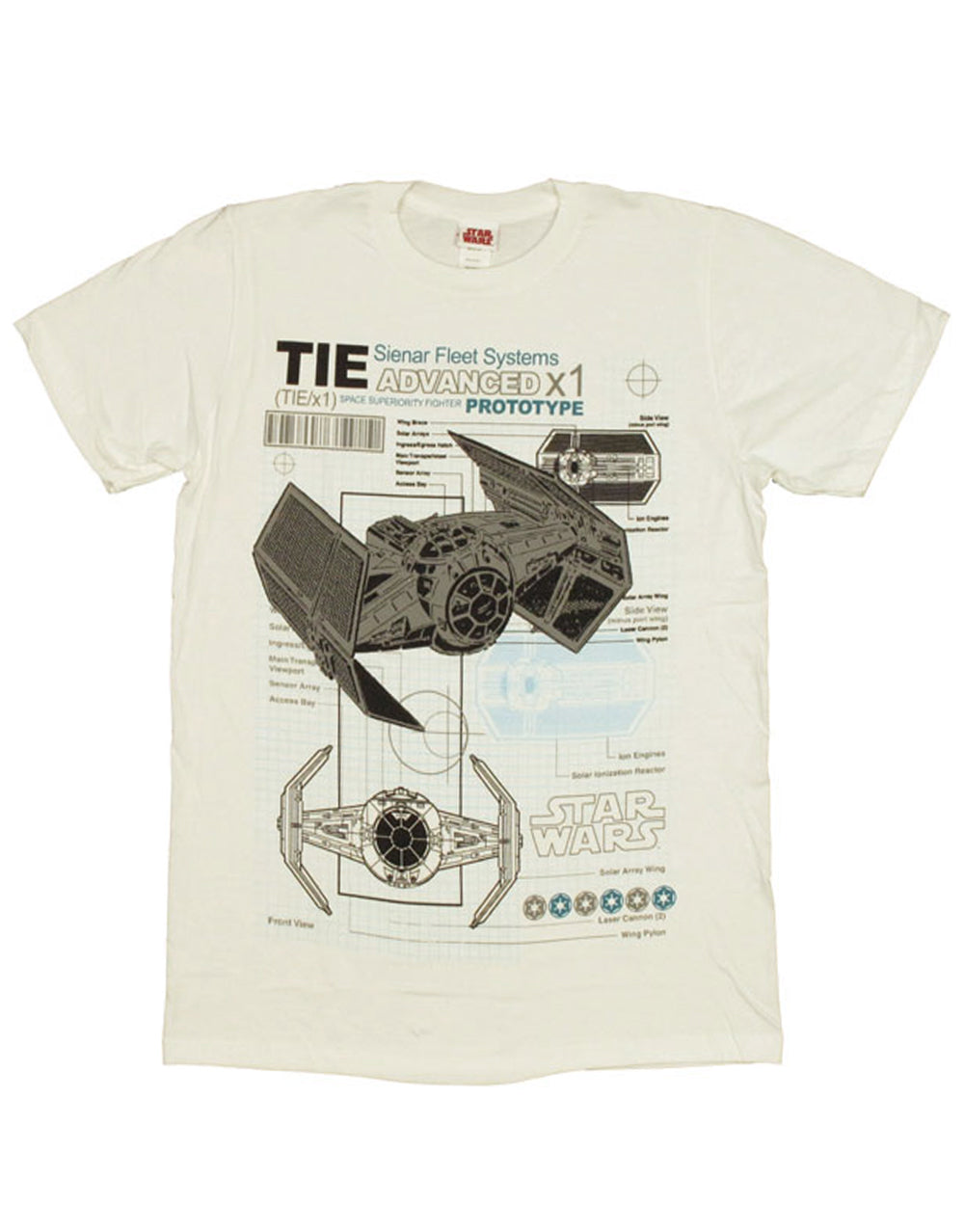 Darth Vader tie fighter graphic on a white adult t-shirt.